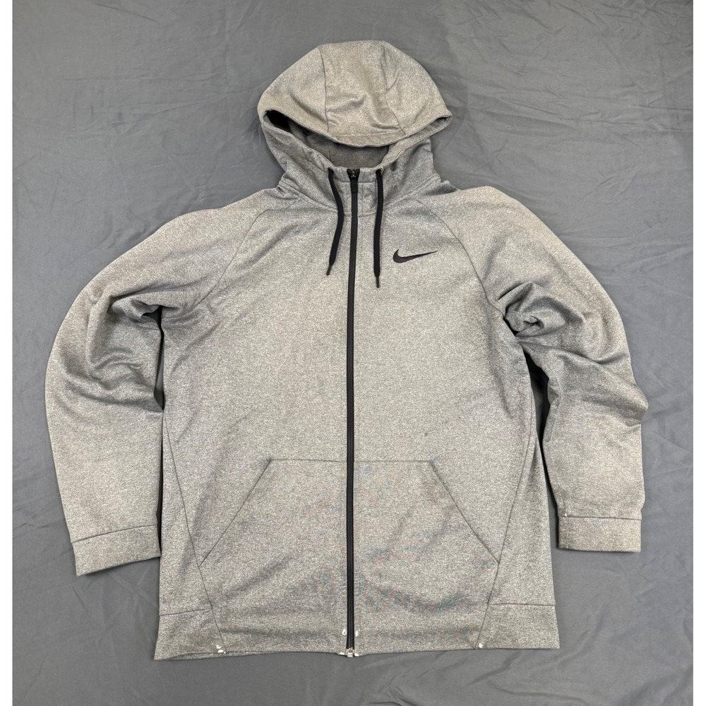 Distressed Nike Mens L Dri-FIT Full Zip Hoodie Gray Heathered Sweatshirt